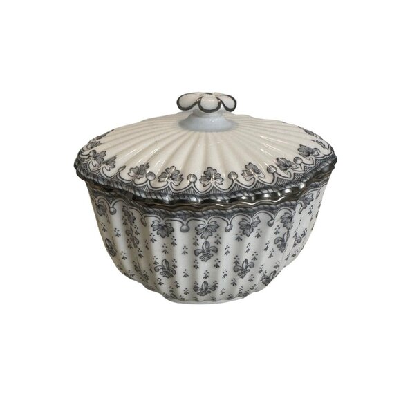 Spode Fleur De Lys Grey (Bone, Platinum‎ Trim) Sugar Bowl with Lid Approximately